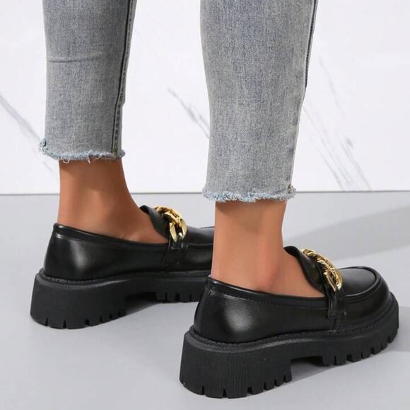 SHEIN Chain Decor Slip On Wedge Loafer Flatform Shoe Black sz 8 (CN40) - Picture 4 of 16